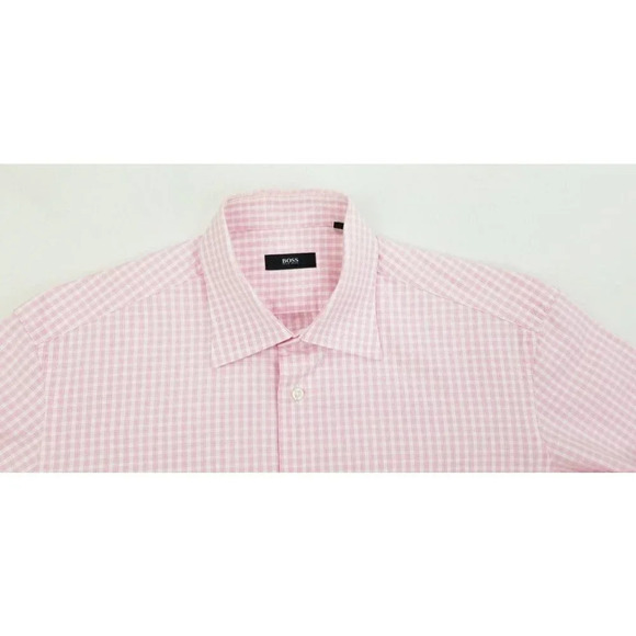 Hugo Boss Size 15.5 32-33 Men's Pink White Check Spread Collar Long Sleeve Shirt - Picture 1 of 11